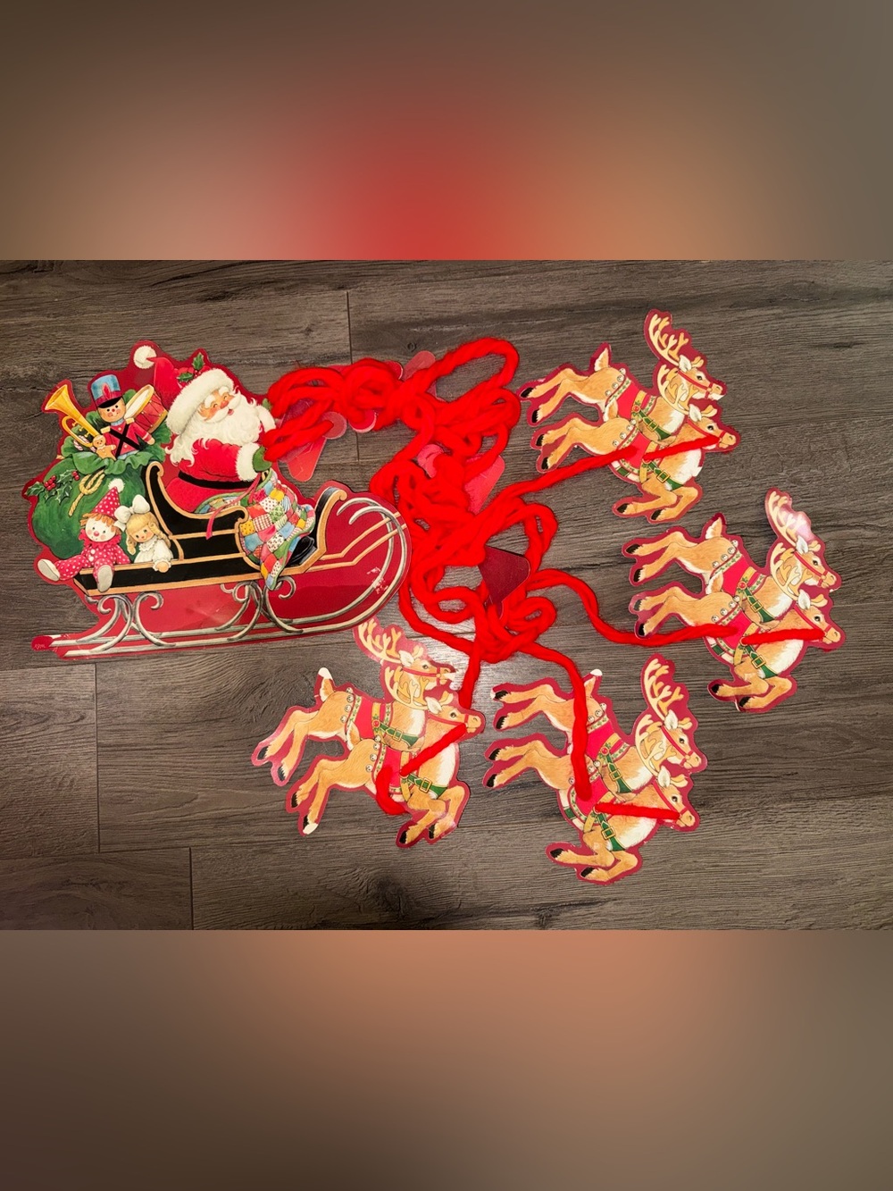 Vintage Santa Claus Sleigh & Reindeer Die Cut Christmas Decoration Large
